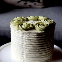 Matcha Green Tea Cake with White Chocolate Buttercream and Raspberry Coulis